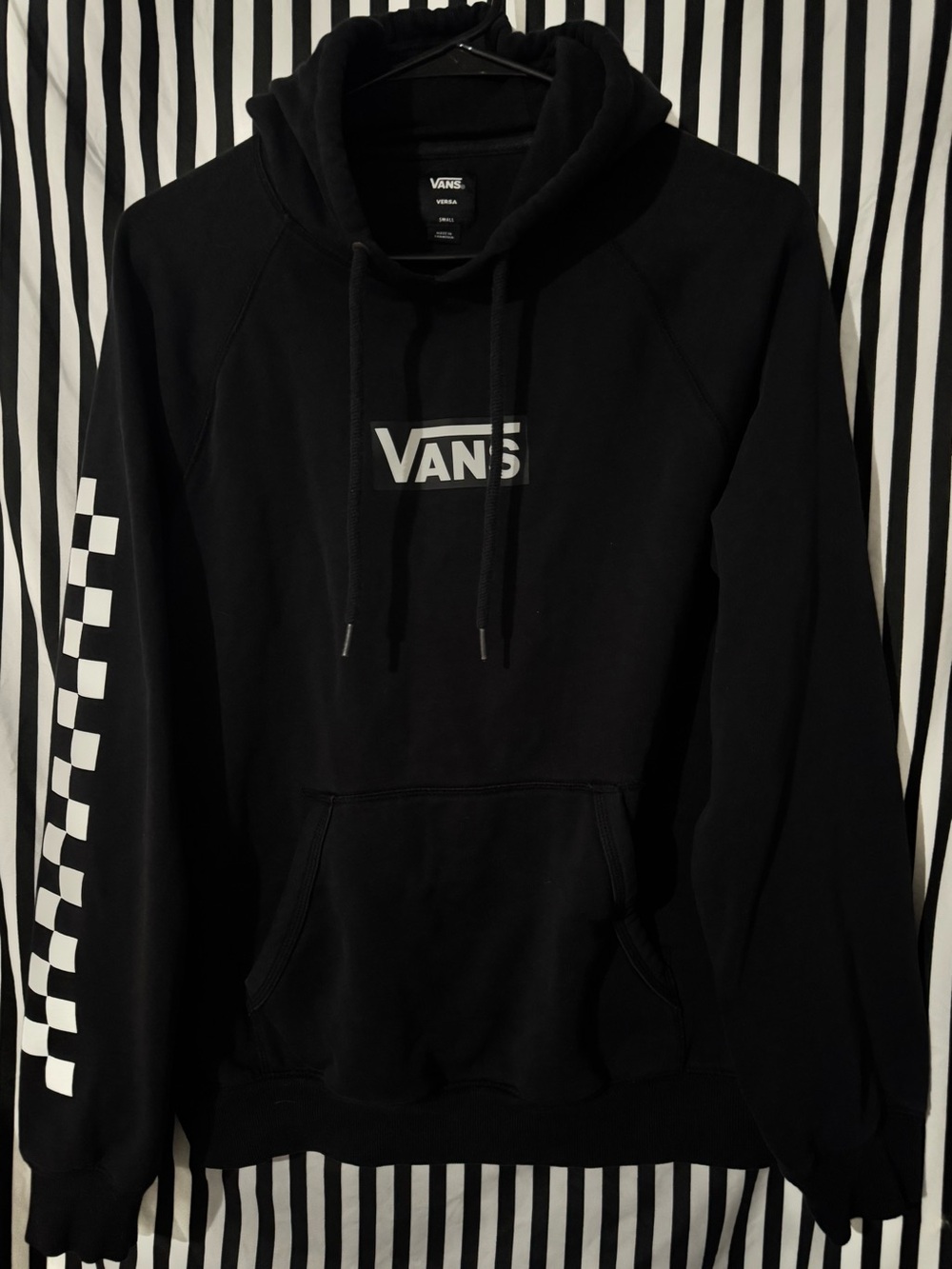 Vans Black Hoodie with White Checker Sleeve and Logo